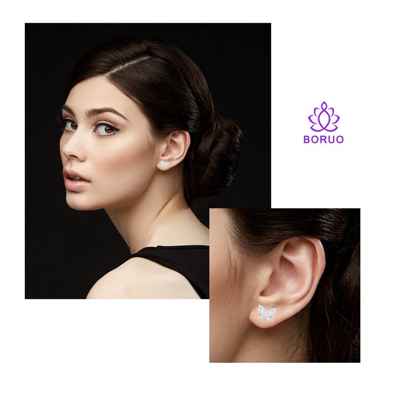 BORUO 925 Sterling Silver Stud Earrings, BoRuo Cubic Zirconia Butterfly Earrings - Image 1